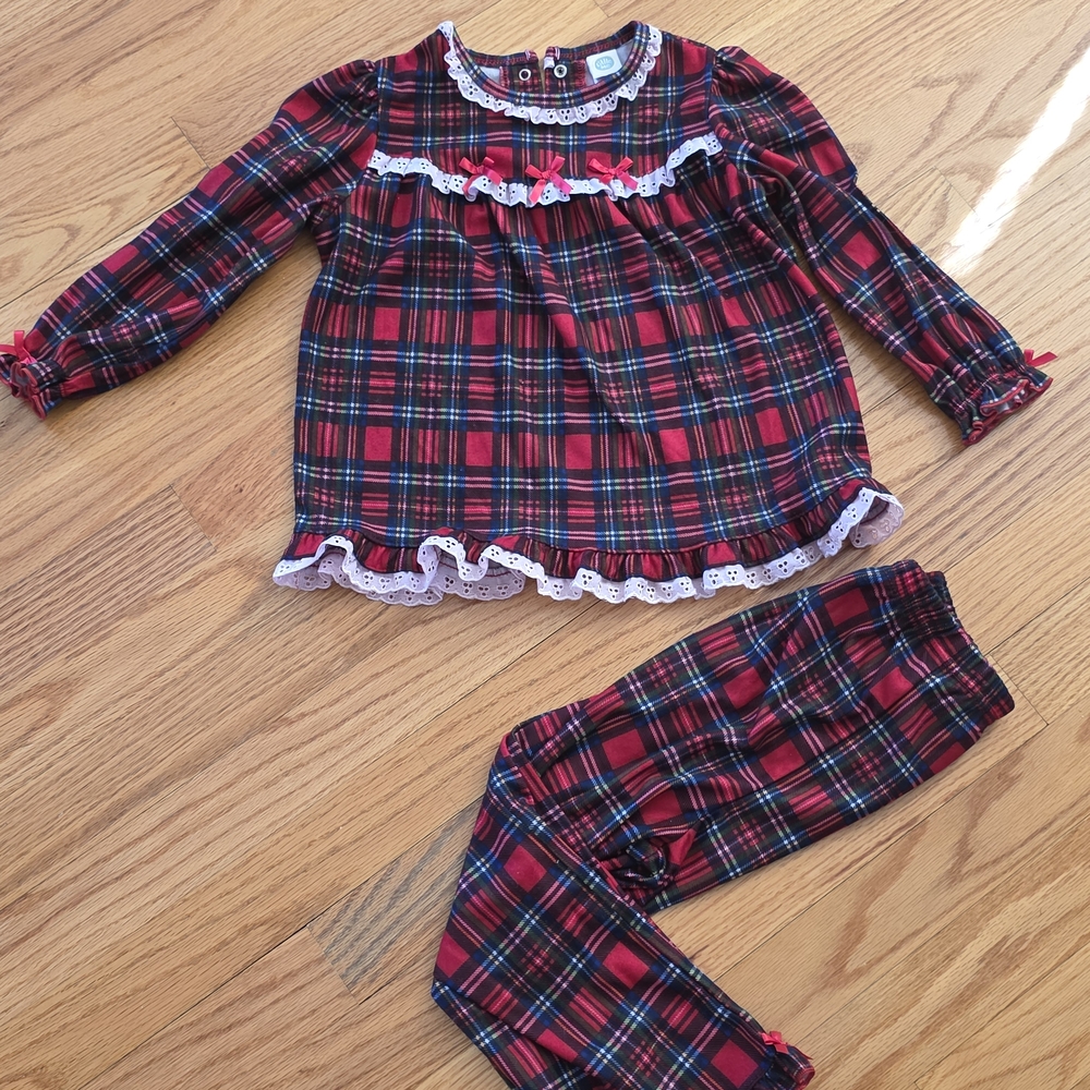 Red Plaid Kids Pajama Set with Lace Trim